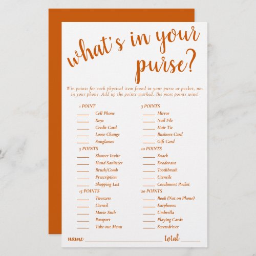 Simple Whats In Your Purse  Fall Orange Game Card