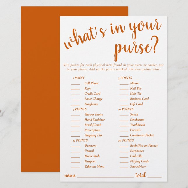 Simple Whats In Your Purse | Fall Orange Game Card (Front/Back)