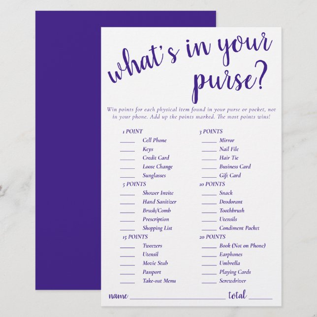 Simple Whats In Your Purse | Purple Game Card (Front/Back)