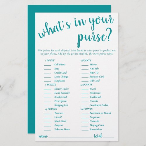 Simple Whats In Your Purse  Teal Aqua Game Card