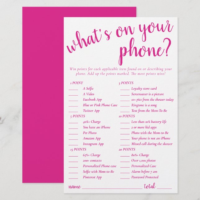 Simple Whats on Your Phone | Hot Pink Game Card (Front/Back)