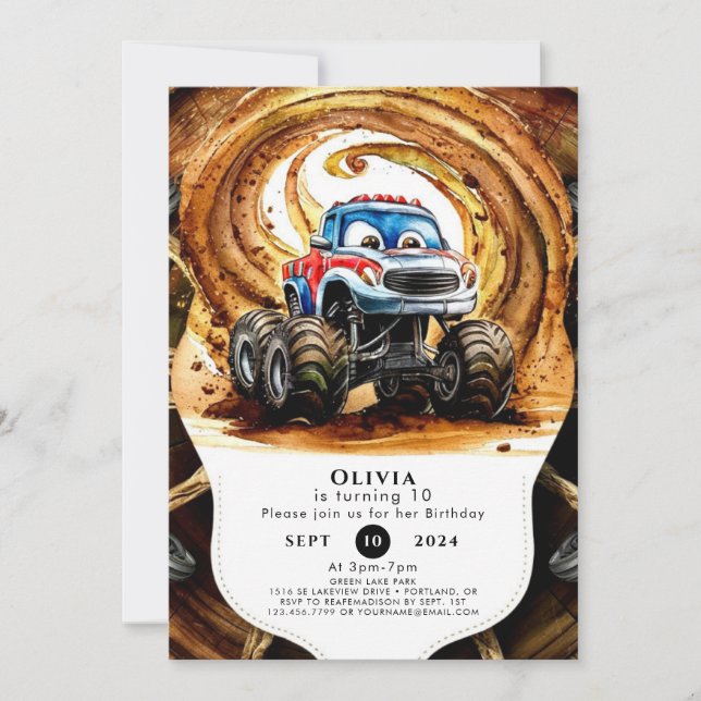 Simple Wheels Monster Truck Birthday Invitation (Front)