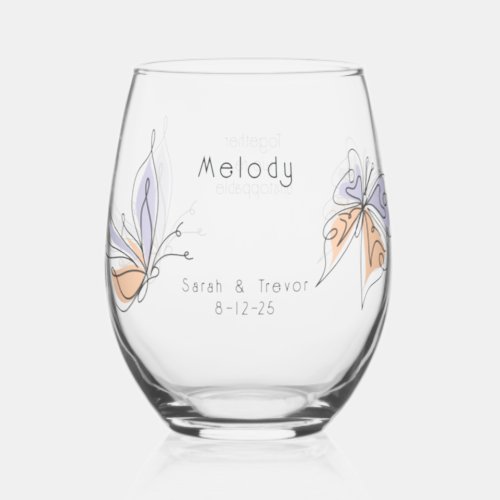 Simple Whimsical Butterfly Coral and Violet Stemless Wine Glass