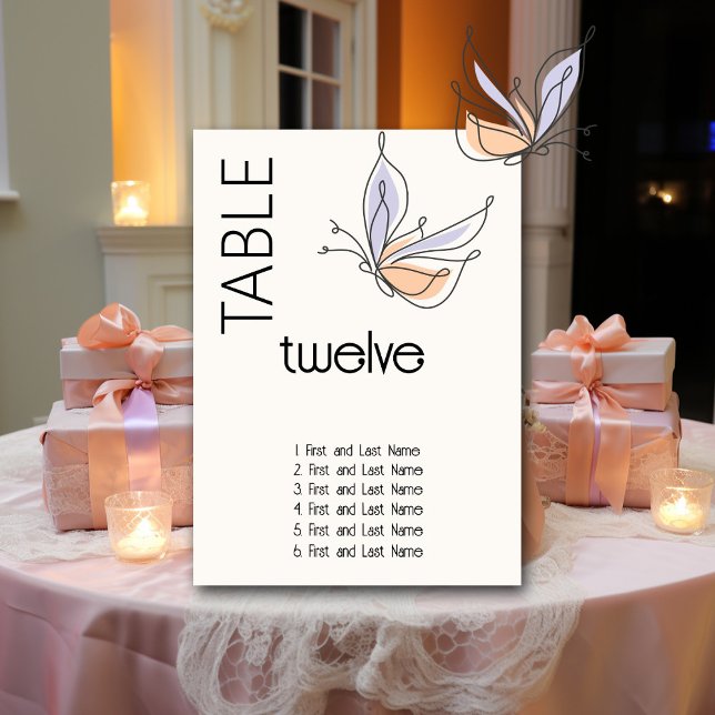 Simple Whimsical Butterfly Coral and Violet Table Number (Creator Uploaded)