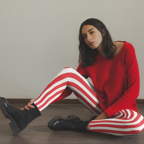 Simple Whimsical Cute Minimalist Red White Striped Leggings