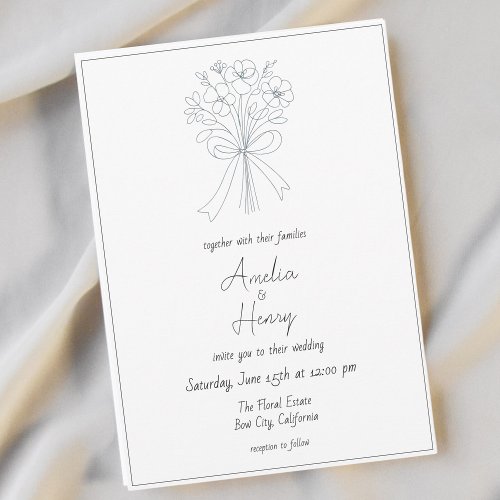 Simple Whimsical Flower and Bow Sketch Wedding Invitation