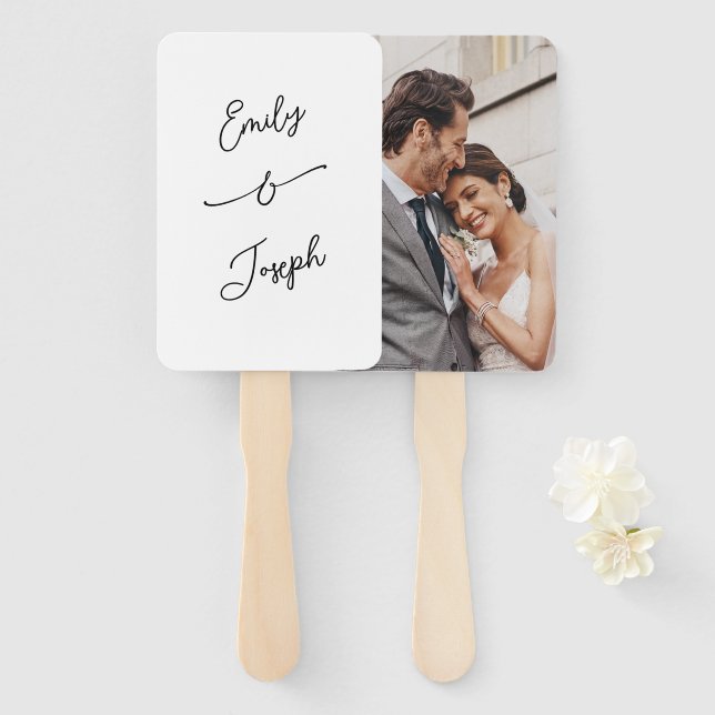 Simple Whimsical Handwritten Wedding Photo   Hand Fan (Front and Back)