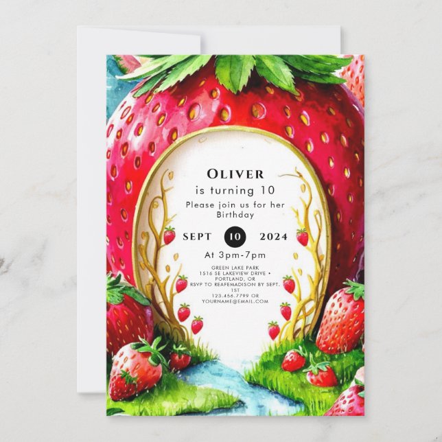 Simple Whimsical Juicy Strawberry Birthday Invitation (Front)