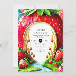 Simple Whimsical Juicy Strawberry Birthday Invitation