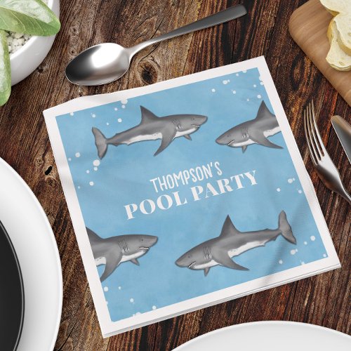 Simple Whimsical Pool Party Sharks Blue Ocean Napkins