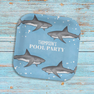 Simple Whimsical Pool Party Sharks Blue Ocean Paper Plates