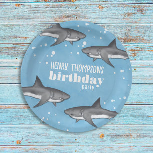 Simple Whimsical Pool Party Sharks Blue Ocean Paper Plates