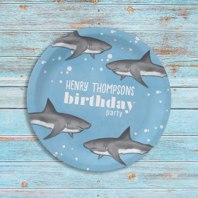 Simple Whimsical Pool Party Sharks Blue Ocean Paper Plates (Creator Uploaded)