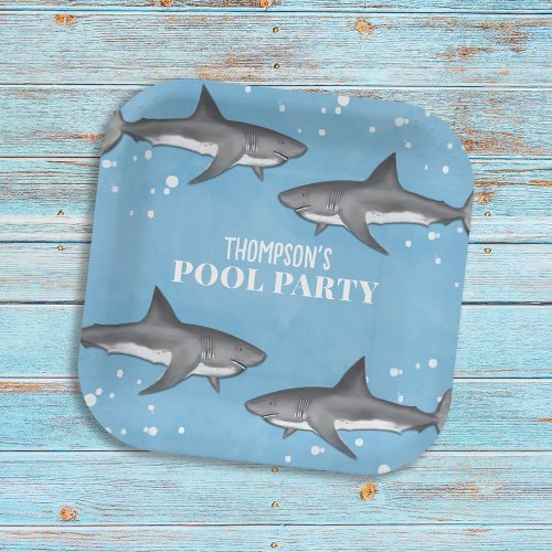 Simple Whimsical Pool Party Sharks Blue Ocean Paper Plates