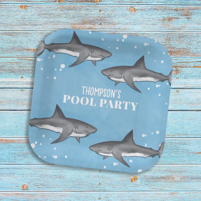 Simple Whimsical Pool Party Sharks Blue Ocean Paper Plates (Creator Uploaded)