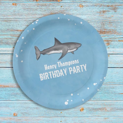 Simple Whimsical Pool Party Sharks Blue Ocean Paper Plates