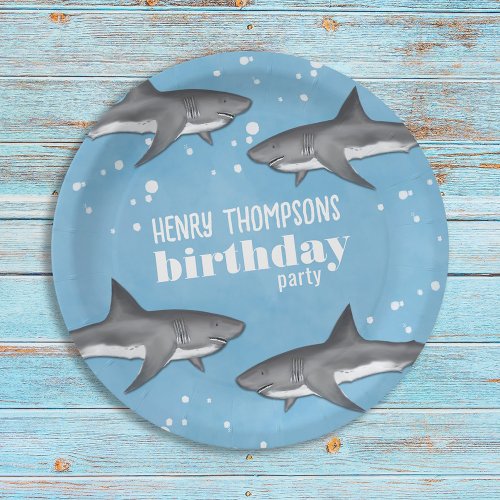 Simple Whimsical Pool Party Sharks Blue Ocean Paper Plates