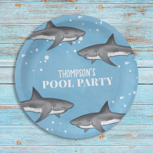 Simple Whimsical Pool Party Sharks Blue Ocean Paper Plates