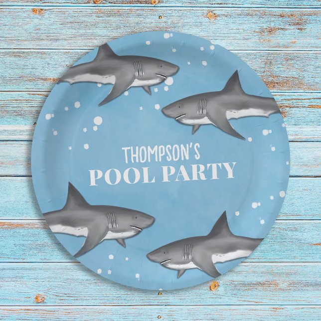 Simple Whimsical Pool Party Sharks Blue Ocean Paper Plates (Creator Uploaded)