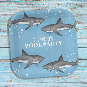 Simple Whimsical Pool Party Sharks Blue Ocean Paper Plates
