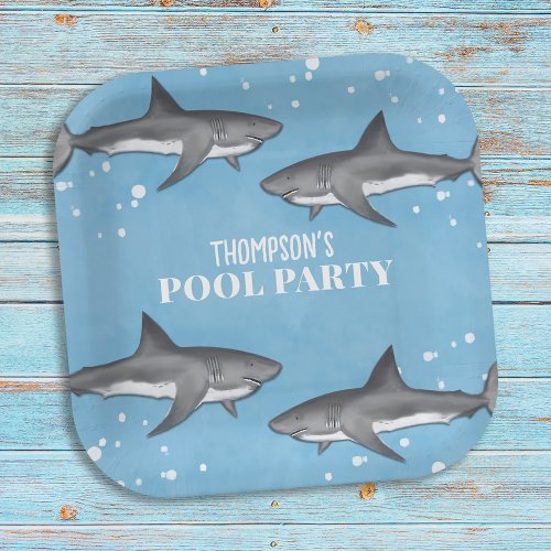 Simple Whimsical Pool Party Sharks Blue Ocean Paper Plates