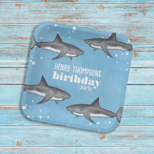 Simple Whimsical Pool Party Sharks Blue Ocean Paper Plates