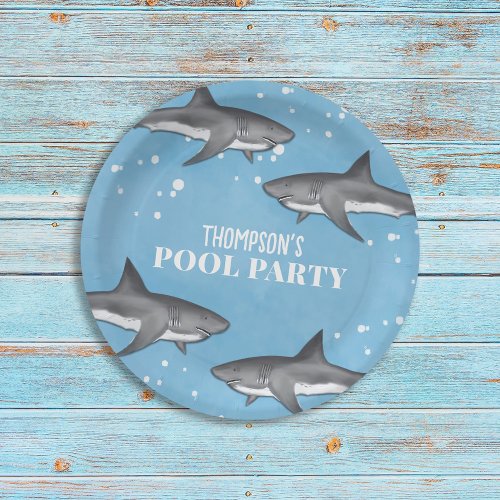 Simple Whimsical Pool Party Sharks Blue Ocean  Paper Plates
