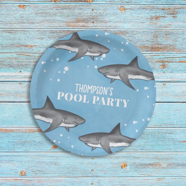 Simple Whimsical Pool Party Sharks Blue Ocean  Paper Plates (Creator Uploaded)