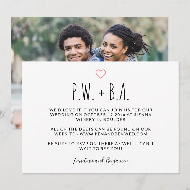 Simple Whimsical Typography Heart Photo Wedding Invitation (Front/Back)
