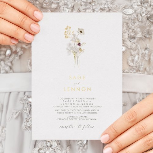 Simple Whimsical Wildflower  Gold Foil Invitation