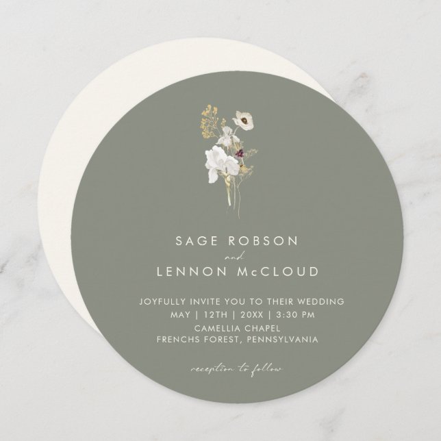 Simple Whimsical Wildflower | Sage Green Circle Invitation (Front/Back)