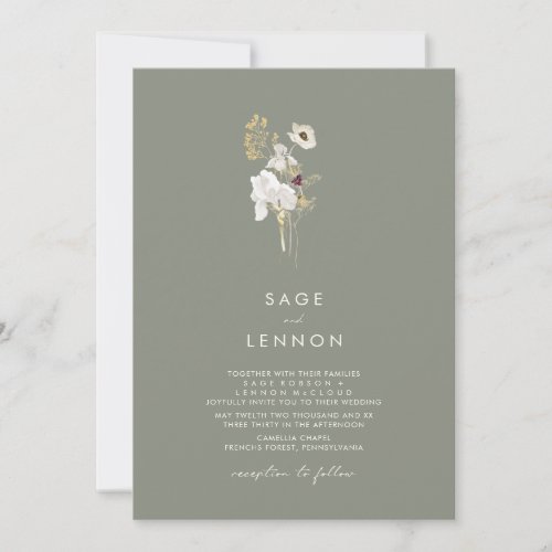 Simple Whimsical Wildflower  Sage Green Wedding Invitation