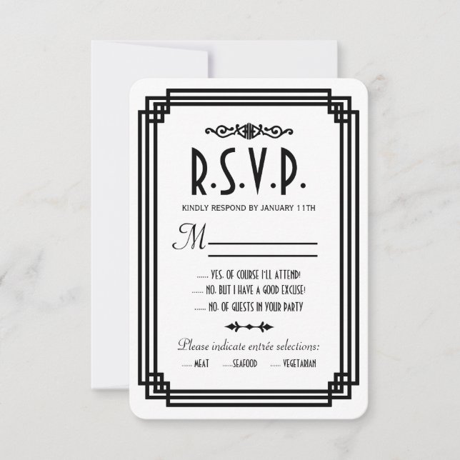 Simple White and Black Art Deco Wedding RSVP Cards (Front)