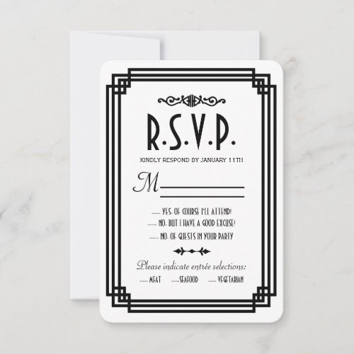 Simple White and Black Art Deco Wedding RSVP Cards