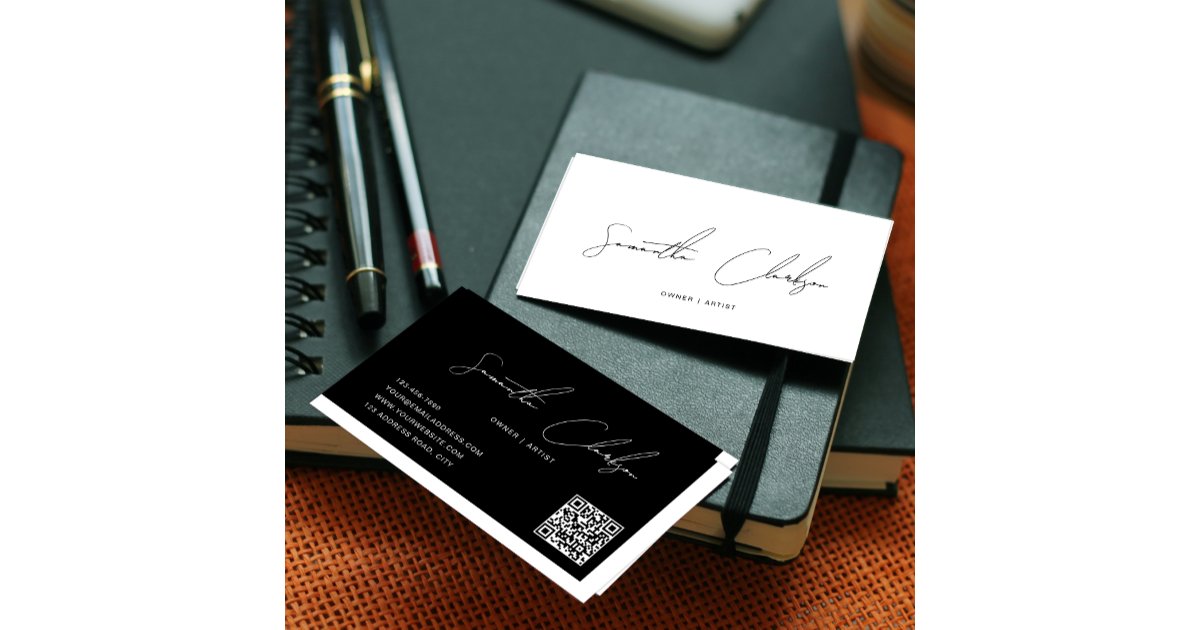 Simple White and Black Handwritten Script QR code Business Card | Zazzle