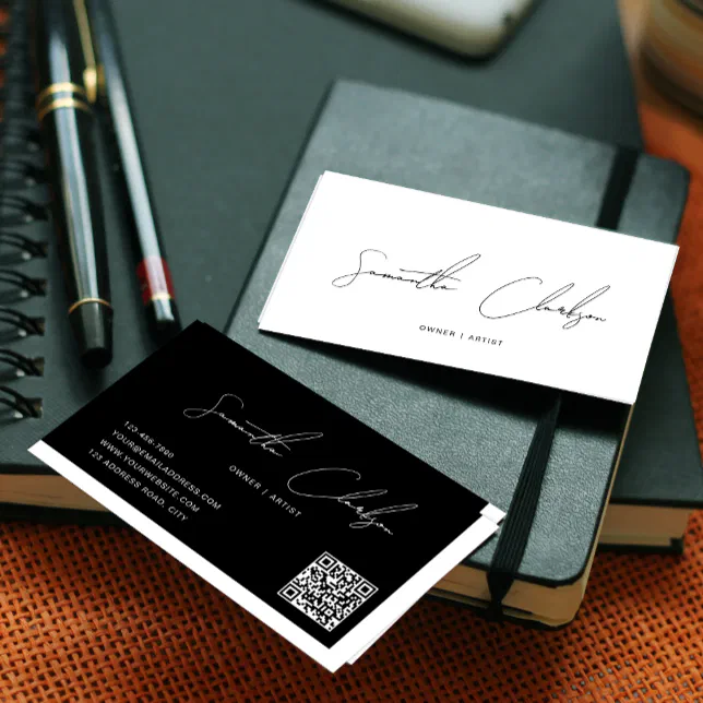 Simple White and Black Handwritten Script QR code Business Card | Zazzle