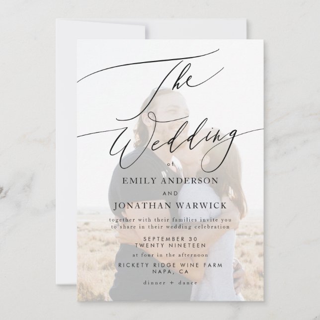 Simple White and Black Overlay Photo Wedding Invitation (Front)