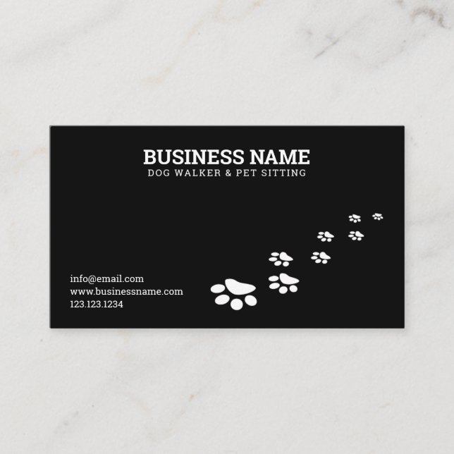 Simple White and Black Paw Print Dog Walking Business Card (Front)