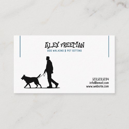 Simple White and Blue Dog Walker Silhouette Business Card