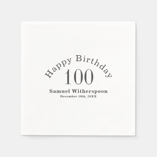 Simple White and Charcoal Gray 100th Birthday Napkins