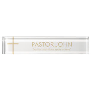 Simple White and Gold Cross with Name and Quote Desk Name Plate