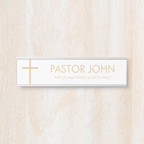 Simple White and Gold Cross with Name and Quote on Door Sign