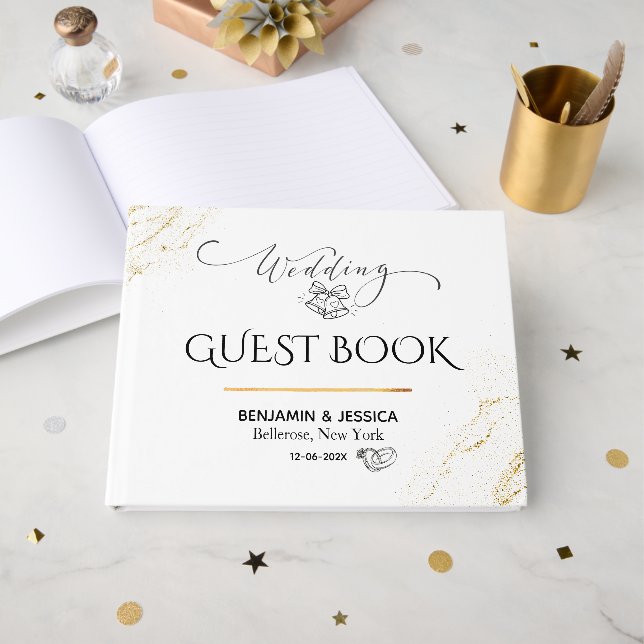 Simple White and Gold Minimalistic Wedding  Guest Book (Front Open)
