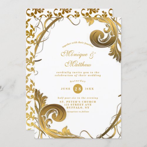 Simple White and Gold Ornament Fancy Wedding Invitation