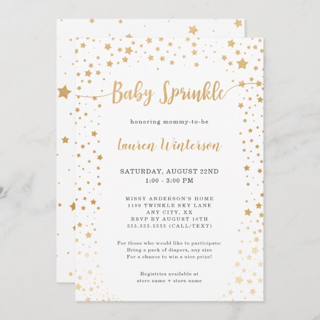 Simple White and Gold Star Baby Sprinkle Invitation (Front/Back)