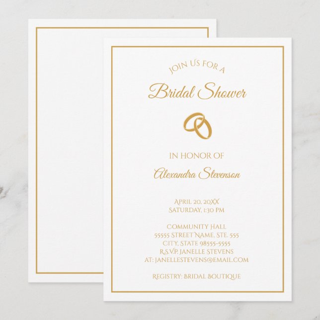 Simple White and Gold Wedding Rings Bridal Shower Invitation (Front/Back)