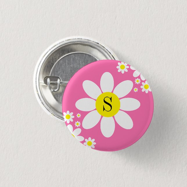Simple White and Hot Pink Daisy design Initial Button (Front & Back)