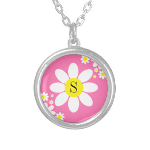 Simple White and Hot Pink Daisy design Initial Silver Plated Necklace