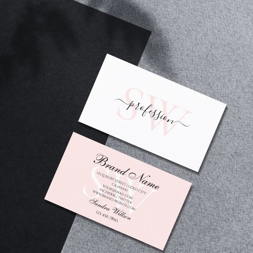 Simple White and Light Pastel Pink with Monogram Business Card