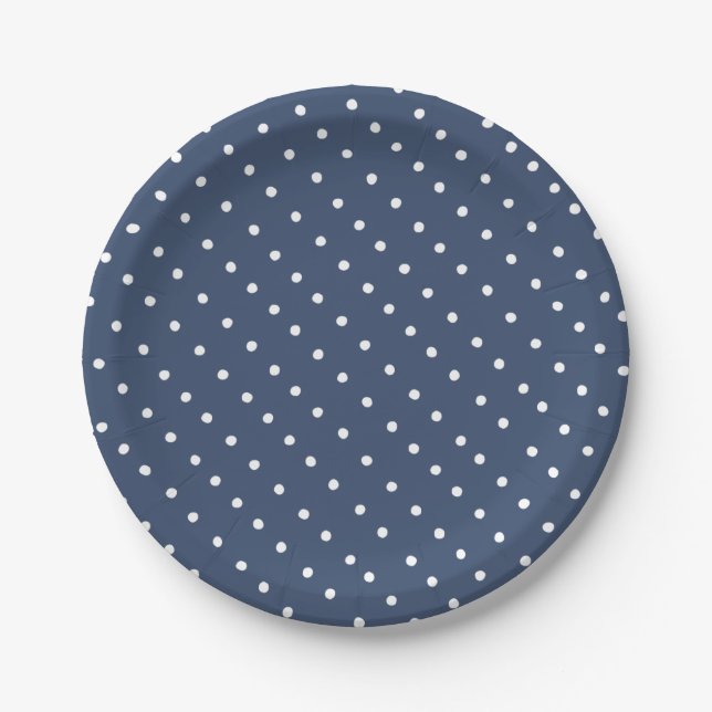 Simple White and Navy Blue Polka Dot Pattern Paper Plates (Front)